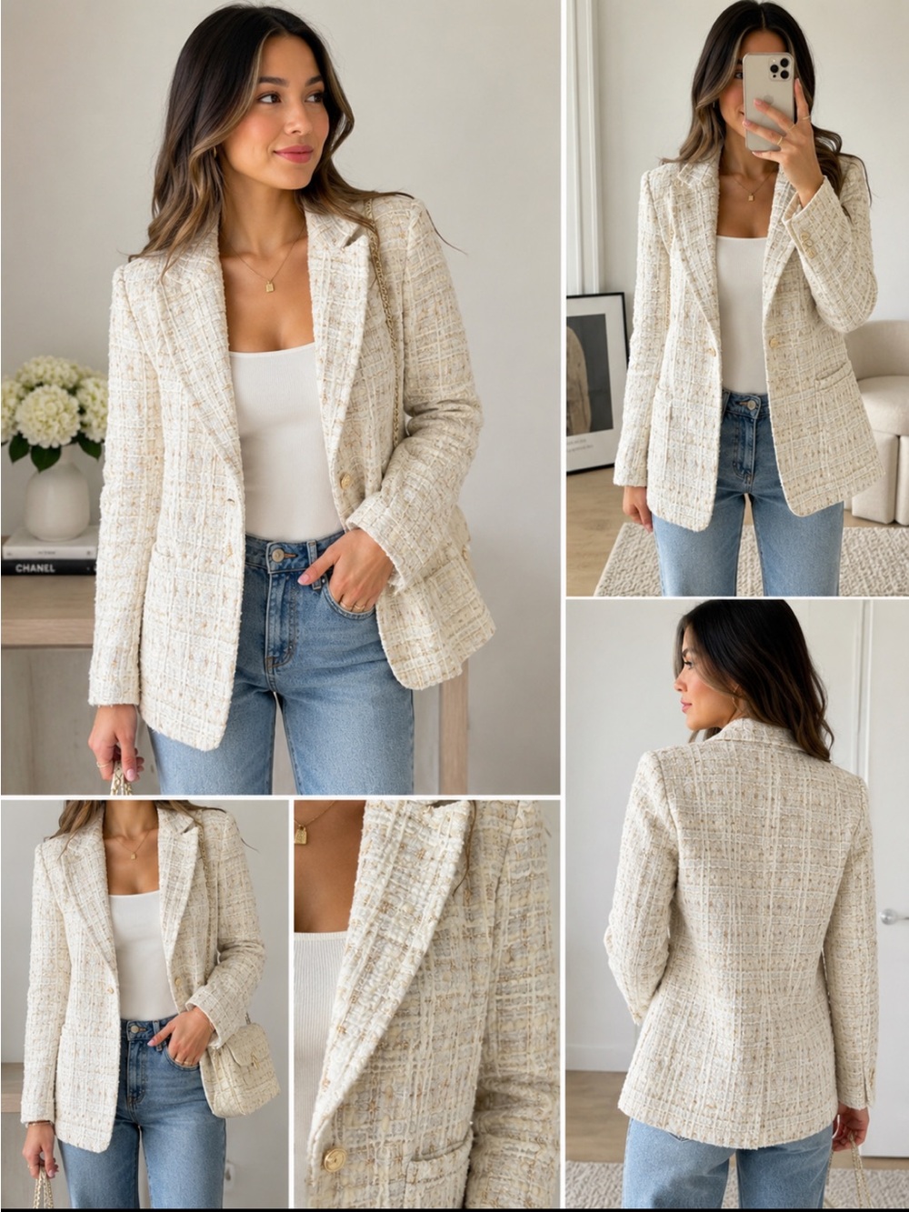 VICI x Emily Travis Cream Tweed Blazer Jacket Gold Thread Boucle Textured Small